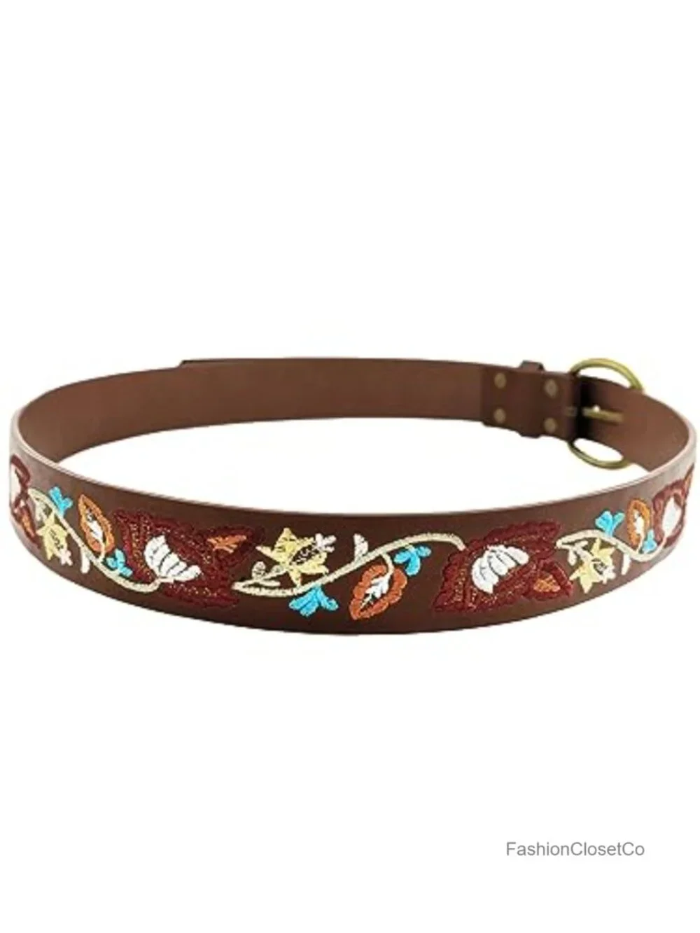Embroidered Floral PU Leather Belt for Women Wide Vintage Boho Waist